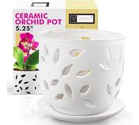 Ceramic Orchid Pot and Saucer 5.25", Attractive Floral Design for Orchid Pots with Holes, Decorative Large Size, Easy Plant Repotting, Healthy Air Circulation, Drainage Hole, Indoor/Outdoor