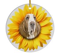 Ceramic Ornament Personalized Name Sunflower Face Red White Basset Hound Puppy Ceramic Hanging Keepsake Christmas Tree Decoration Unique Ceramics Xmas Ornament For Party Holiday Home Decor 7.3Cm