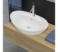 Ceramic Oval Basin White 585x390x210mm Above Counter Overflow Glossy Faucet Hole