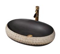 Ceramic Oval Vessel Sink with Waterfall Faucet and Pop-Up Drain, European Style Above Counter Bathroom Basin for Home or Hotel, Club(Small)