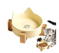 Ceramic Pet Bowl - Raised Cat Feeding Stand, Cute Ear Shape, Stable Design Wooden Base for Feeding | Smooth Positioning Pet Food