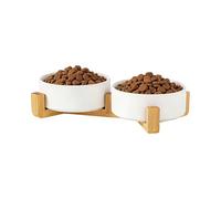 Ceramic Pet Bowl Set, White Cat and Dog Food Bowl with Bamboo Stand