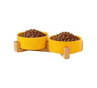 Ceramic Pet Bowl Set, Yellow Cat and Dog Food Bowl with Bamboo Stand