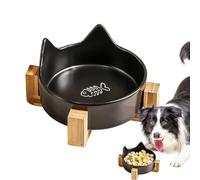 Ceramic Pet Bowls - Cute Cat Ear Kitten Plates | No Spill Dog Food And Water Bowl | Ceramic Cat Bowls For Food And Water | Dog And Cat Bowl With Wooden Stand, Black Fish Bone Single Bowl+Wooden Frame