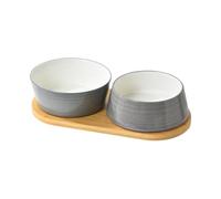 Ceramic Pet Bowls for Dog and Cat, No Spill Dog Food and Water Bowl Set with Anti-Slip Wooden Stand, Puppy Feeding Dishes Suitable for Small, Medium Cats Dogs(Dark gray)
