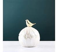 Ceramic Pet Cremation Urn with Bird Lid & Feather Pattern Nordic Style Sealed Memorial Jar for Dog Cat Ashes(Size:9X 12cm)