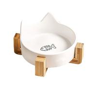 Ceramic Pet Feeder - Raised Cat Food Station, Cute Ear Shape, Stable Wooden Foot Design | Smooth Meal Positioning for Indoor Pets Provide Serving Space