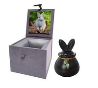 Ceramic Pet Urn for Ashes, Bunny Urn Handicrafted Ashes Keepsake Memorial Gift, Ashes Holder with Photo Display Box for Rabbit Small Pets (Matte Black, S Size, Rabbit)
