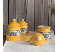 Ceramic Pickle Jars Set 500ml Pottery Storage Jar Set for Pickle, Cornichon Storage Jar Set for Pickle Barni for Achar with Tray (200 ml Each, Yellow, Set of 3)