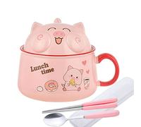 Ceramic Pig Ramen Bowl with Lid for Instant Pasta Chinese and Asia Noodles, Bowl with Face for Noodles, Salad Bowl with Lid for Tteokbokki, with Ramen Spoon,Donut Type
