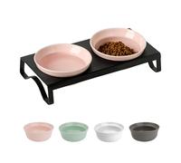 Ceramic Pink Cat Bowls Set - 5 inch Wide Cat Food & Water Bowls, Elevated Feeding Bowls with Metal Stand for Indoor Cats and Small Dog,2 Bowls+1 Stand Set for Wet and Dry Food