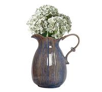 Ceramic Pitcher Jug Vase Vintage Style Blue & Gold Rippled Decorative Navy Blue Earthenware Floral Vase with Gold Brushed Details Home Gift