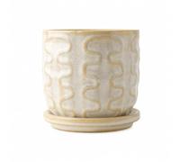 Ceramic Plant Pot With Drainage Hole , Yellow White Line Pattern with Tray | Terra Style, Office Desk Planter, Kitchen Garden, For Gardeners
