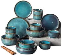 Ceramic Plate and Bowl Set, Modern Creative Retro Circular Active Glazed Stoneware Set Kitchen/Dining Room, Serving 8 People,