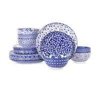Ceramic Plates and Bowls Sets,18 Pieces Retro Floral Dinnerware Sets for 6,Dishwasher & Microwave Safe Dish Set,Family & Holiday Dining, Vintage Blue