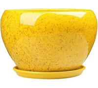 Ceramic Pots Chinese Style Yellow Flower Glaze Ceramic Pot Decorative Container With Saucer With Drainage Holes For Flower Indoor Decoration,Yellow,25cm