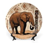 Ceramic Primitive African Elephant Decorative Plate for Wall Hanging 6inch Large Bone China Dinner Plates with Display Stand Porcelain Art Dish for Home Kitchen Office Wedding Gift Farmhouse Decor