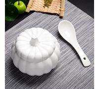 Ceramic Pumpkin Bowl with Lid and Spoon - White Bone China Coffee Sugar Bowl, Porcelain Honey Jar, Sugar Dispenser, Honey Pot
