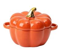 Ceramic Pumpkin Casserole Dish with Lid, Oven Safe Pumpkin Bowls with Handle, Dutch Oven Halloween Soup Pot Heat for Home Kitchen Egg Custard Halloween Decor Storage Jar for Home (Pumpkin color)