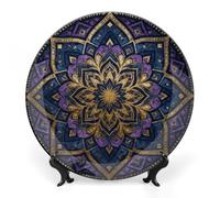 Ceramic Purple Mandala Art Decorative Plate for Wall Hanging 6inch Large Bone China Dinner Plates with Display Stand Porcelain Art Dish for Home Kitchen Office Wedding Gift Farmhouse Decor