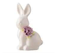 Ceramic Rabbit Figurine with Flowers,Handcrafted White Bunny Ornament for Home Office Desk Decor,Fine Porcelain Spring Easter Standinging Bunny,Spring Easter Gifts for Easters Home