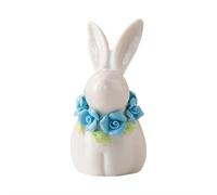 Ceramic Rabbit Figurine with Flowers,Handcrafted White Bunny Ornament for Home Office Desk Decor,Fine Porcelain Spring Easter Standinging Bunny,Spring Easter Gifts for Easters Home