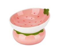 Ceramic Raised Cat Bowl, Elevated Cat Food Bowl for Indoor Cats, Anti Vomiting & Protect Pet's Spine, Cute Tilted Cat Dish for Flat Faced Cats and Kitten (Strawberry Shape)