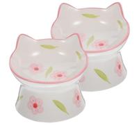 Ceramic Raised Cat Bowls 2pcs with 15 Degree Tilted Design | High Footed, Wide Shallow Shape, Non Slip Base, for Kittens and Cat Water Use