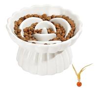 Ceramic Raised Slow Feeder Cat Bowl, Elevated Puzzle Feeder for Anti-Gulping & Vomiting, Non-Slip Steady Base Pet Bowls for Indoor Cats, Kittens and Small Dogs, White