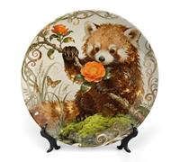 Ceramic Red Panda Camellia Decorative Plate for Wall Hanging 8inch Large Bone China Dinner Plates with Display Stand Porcelain Art Dish for Home Kitchen Office Wedding Gift Farmhouse Decor