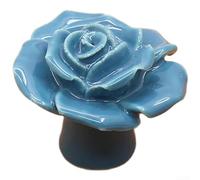 Ceramic Rose Drawer Handle, Handmade Pottery Cabinet Knob with Brass Base, Single Hole Furniture Pull for Wardrobe TV Cabinet Shoe Box, 41mm White(1008 Blue)