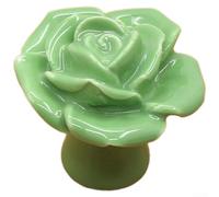 Ceramic Rose Drawer Handle, Handmade Pottery Cabinet Knob with Brass Base, Single Hole Furniture Pull for Wardrobe TV Cabinet Shoe Box, 41mm White(1008 Green)