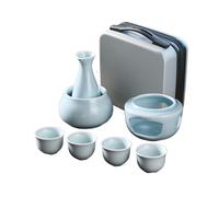 Ceramic Sake Pots 7 Set,Japanese Wine Glasses Set,1 Bottle 175ML and 4 Cups 45ML,Sake Warmer,Heating Furnace Frame,Suitable for Warming or Chilling Wine,Traditional Craft Sake Set (B-Cyan, Gift Box)