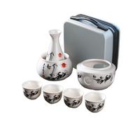 Ceramic Sake Pots 7 Set,Japanese Wine Glasses Set,1 Bottle 175ML and 4 Cups 45ML,Sake Warmer,Heating Furnace Frame,Suitable for Warming or Chilling Wine,Traditional Craft Sake Set (E-White, Gift Box)