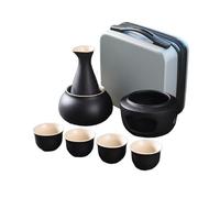 Ceramic Sake Pots 7 Set,Japanese Wine Glasses Set,1 Bottle 175ML and 4 Cups 45ML,Sake Warmer,Heating Furnace Frame,Suitable for Warming or Chilling Wine,Traditional Craft Sake Set (A-Black, Gift Box)