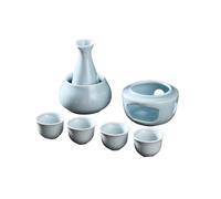 Ceramic Sake Pots 7 Set,Japanese Wine Glasses Set,1 Bottle 175ML and 4 Cups 45ML,Sake Warmer,Heating Furnace Frame,Suitable for Warming or Chilling Wine,Traditional Craft Sake Set (B-Cyan, Ordinary)
