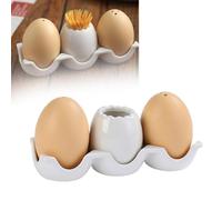 Ceramic Salt and Pepper Shaker Set, Egg-Shaped Ceramic Seasoning Jar, Funny Spice Bottle, Mini Brown Egg Shaped Shakers with Carton Design Holding Stand for Kitchen Spices