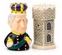 Ceramic Salt and Pepper Shakers, Salt Pepper Pots, Traditional Cruet Set, Refillable Condiment Shakers for Kitchen, Dining Table, Home & Restaurant (Puckator King Charles III & Castle)
