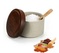 Ceramic Salt Cellar with Acacia Wood Lid and Spoon, Salt Pig,Salt Container | Dust-proof Salt Pot, Spice Jar for Sugar, Salt, Pepper, Salt Cellar, Salt Holder for Kitchen,Coffee Bar, Restaurant(120ml)