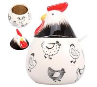 Ceramic Salt Cellar with Lid and Spoon, 17 Oz Large Chicken Salt Jar, Ceramic Rooster Shape Spice Jars for Coffee, Sugar, Spices and Candies, Kitchen Countertop Storage Containers(Black Pattern)
