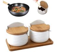 Ceramic Salt Holder - 8.98 Inch Kitchen Salt Box with Wooden Spoon Lid for Seasoning Access, Countertop Storage with Multi-Use Function, Jar Home and Restaurant, Elegant White, Pack of 2 Jars