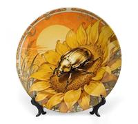 Ceramic Scarab Sunflower Decorative Plate for Wall Hanging 6inch Large Bone China Dinner Plates with Display Stand Porcelain Art Dish for Home Kitchen Office Wedding Gift Farmhouse Decor