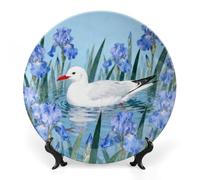 Ceramic Seagull by Iris Flower Decorative Plate for Wall Hanging 7inch Large Bone China Dinner Plates with Display Stand Porcelain Art Dish for Home Kitchen Office Wedding Gift Farmhouse Decor