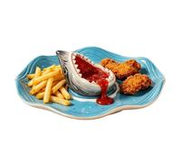 Ceramic Shark Sushi Serving Plate,13 * 13 * 3.5in Round Creativity 3D Hungry Sharks Shape Ceramic Dipping Plate, for Tacos, Dumplings, Snacks, Fruit, Appetizers