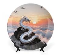 Ceramic Silver Dragon Circling Decorative Plate for Wall Hanging 6inch Large Bone China Dinner Plates with Display Stand Porcelain Art Dish for Home Kitchen Office Wedding Gift Farmhouse Decor