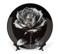 Ceramic Silver Rose Gothic Decorative Plate for Wall Hanging 6inch Large Bone China Dinner Plates with Display Stand Porcelain Art Dish for Home Kitchen Office Wedding Gift Farmhouse Decor