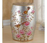 Ceramic Simple Accent Garden Stool, Glazed Household Drum Decorative Ceramic Garden Stool Classic, Chinese, Elegant, Living Room, Balcony, Patio Indoor & Outdoor Furniture Decoration (Silver