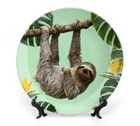 Ceramic Sloth on Green Branches Decorative Plate for Wall Hanging 10inch Large Bone China Dinner Plates with Display Stand Porcelain Art Dish for Home Kitchen Office Wedding Gift Farmhouse Decor