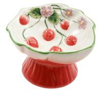 Ceramic Slow Feeder Cat Bowl, Elevated Slant Small Dog Slow Feeder, Raised Tilted Pet Dish, Wide Mouth Design Spill Proof Strawberry Embossed Craftsmanship for Both Dry and Wet Food(Pink)