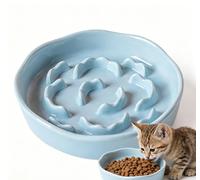 Ceramic Slow Feeder Cat Bowl, Raised Anti-Gulping Pet Feeding Station, Elevated Ceramic Dog Bowl for Healthy Eating, Heavyweight Non-Slip Slow Food Dispenser for Cats and Puppies (Blue)
